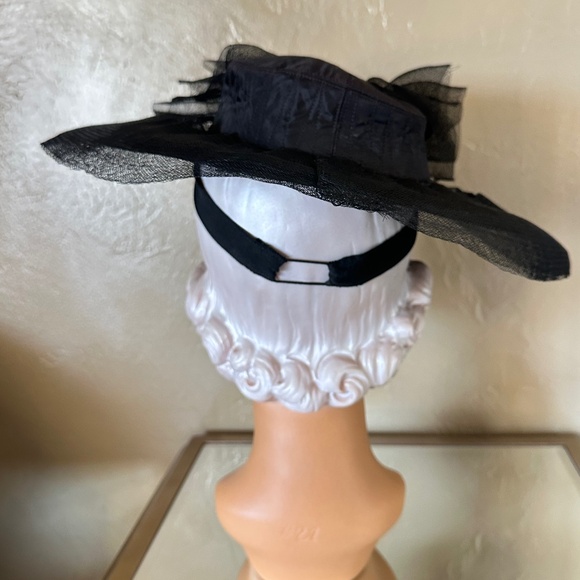 EXQUISITE 1940s\' BLACK TOPSTITCHED FABRIC & CRIN WIDE BRIM TILT HAT main image 7